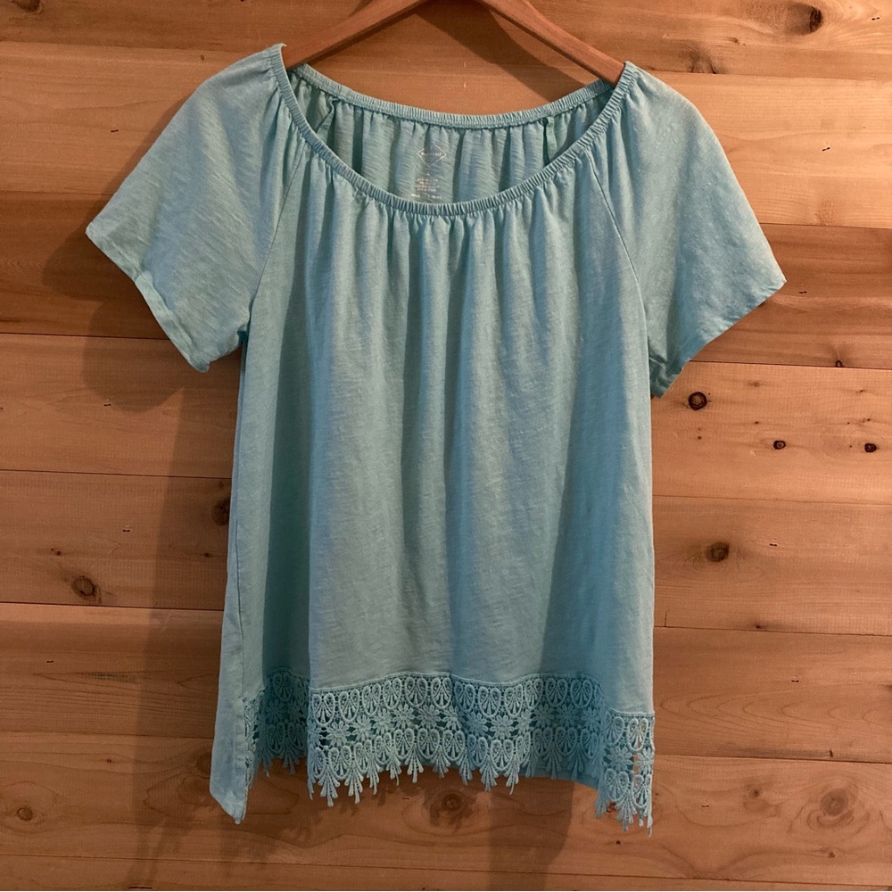 St. John’s Bay robins egg blue crochet embellished short sleeved top